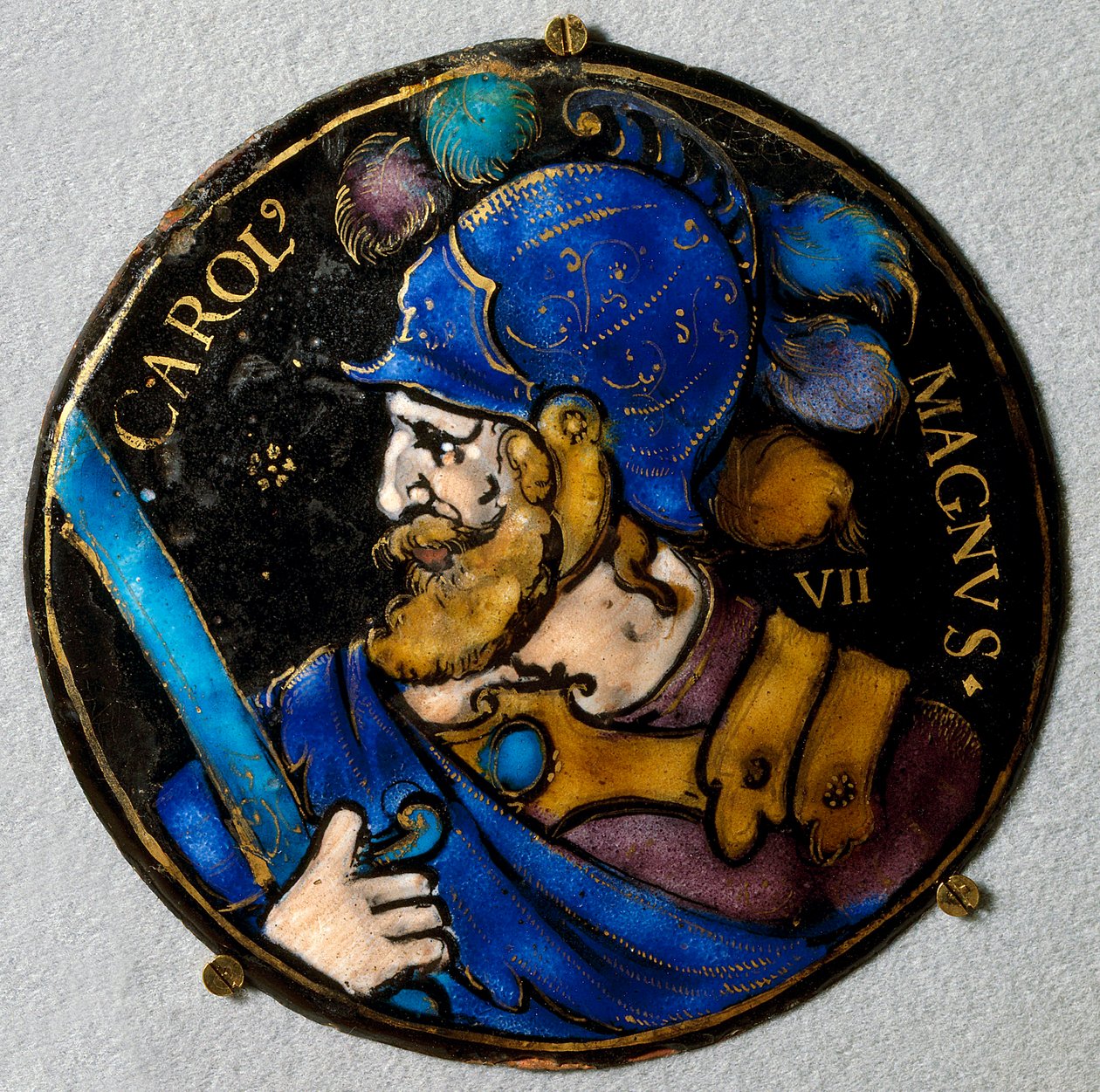 Kaarle Suuren (Kaarles I Suuren) (742 - 814), Ranskan kuninkaan edustus. Medaljonki sähköpostissa 1500-luvun Limogesista. Kuuntele, National Renaissance Museum tekijältä French School