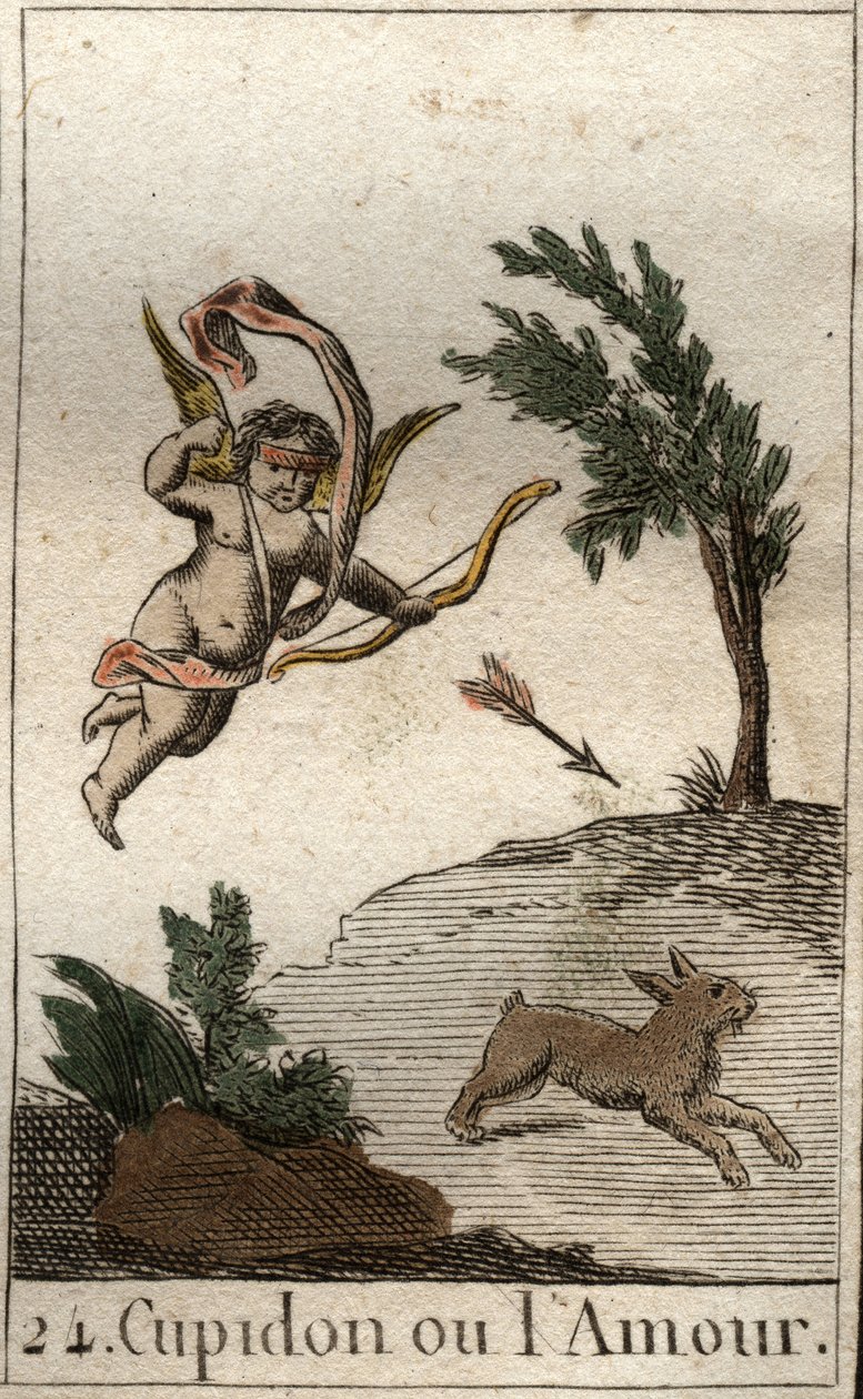 Kuvaus Amorista tai Amourista, Venuksen palvelijasta, lapsena sidottuina silminä, piirtäen nuolen (Amor, rakkauden jumala, lapsena sidottuina, piirtämällä nuolta). Pierre Blanchardin "Nuoruuden mytologiasta" vuodelta 1803. tekijältä French School