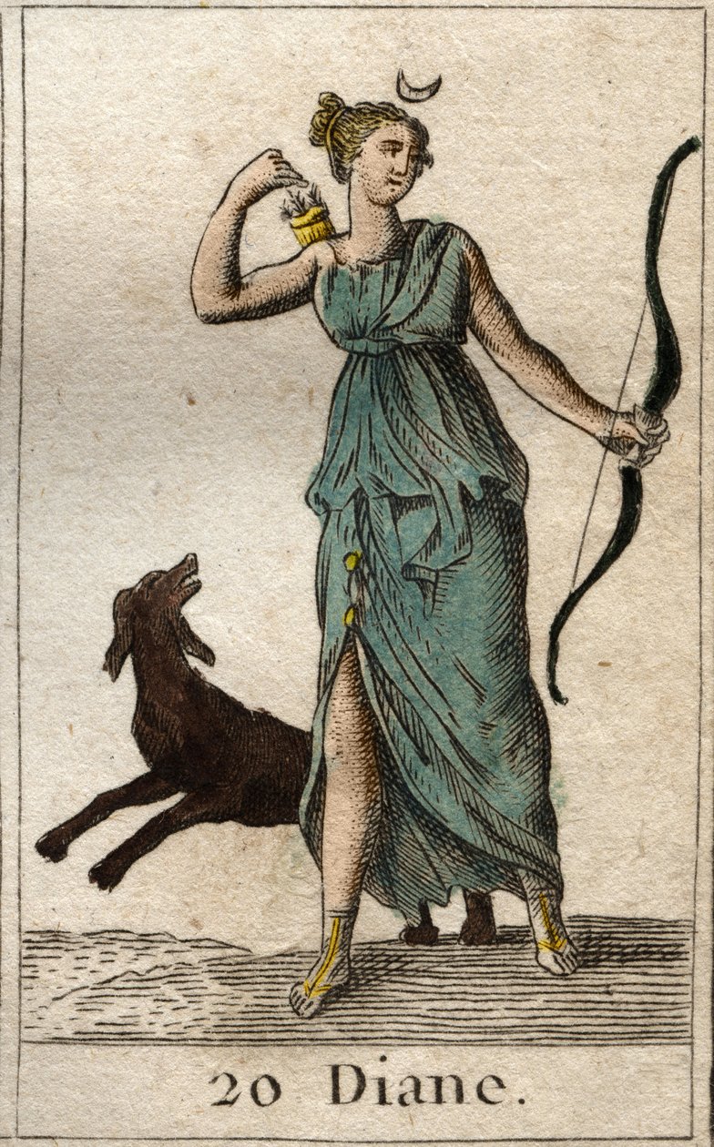 Dianan, metsästyksen jumalattaren, esitys, hänellä on jousi ja nuolet (metsästyksen jumalattaren Dianan esitys). Pierre Blanchardin "Nuoruuden mytologiasta" vuodelta 1803. tekijältä French School