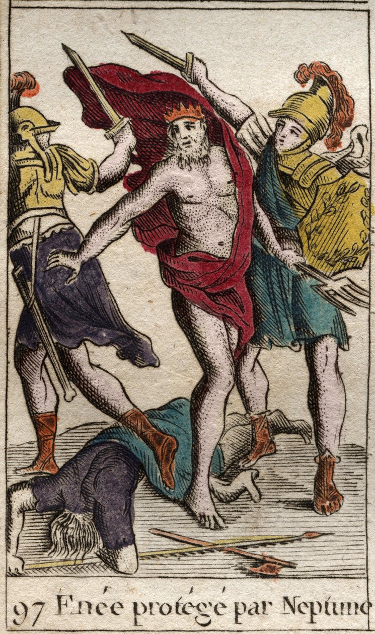 Edustus Eneestä, joka Neptunuksen suojelemana poikkeaa taistelusta Akhilleusta vastaan. (Edus Aeneasta, joka Neptunuksen suojelemana lähtee taistelusta Akhilleusta vastaan). Pierre Blanchardin "Nuoruuden mytologiasta" vuodelta 1803. tekijältä French School