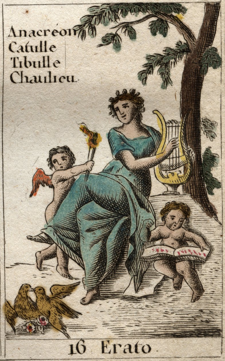 Eraton esitys, lyyrisen runouden muse, kädessään lyyra (Eraton esitys, Lyyrisen runouden muse, lyyra kädessään). Pierre Blanchardin "Nuoruuden mytologiasta" vuodelta 1803. tekijältä French School