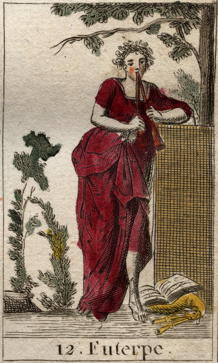 Esitys Euterpesta, musiikin museosta, nuottikirjojen ympäröimänä ja soittamassa kaksoishuilua (aulos) (Euterpe, musiikin muse, kuvaa pitelemässä kaksoishuilua (aulos)). Pierre Blanchardin "Nuoruuden mytologiasta" vuodelta 1803. tekijältä French School
