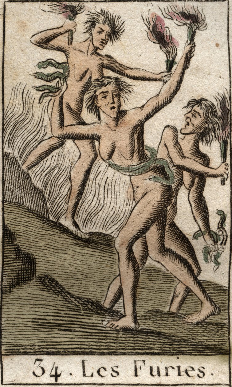 Furiesin, Tisphonen, Megeren ja Alectonin, vainoavien jumalien, edustus discharneeina (furies, Tisphone, Megaera ja Alecto, edustettuina laihtuneina naisina). Pierre Blanchardin "Nuoruuden mytologiasta" vuodelta 1803. tekijältä French School