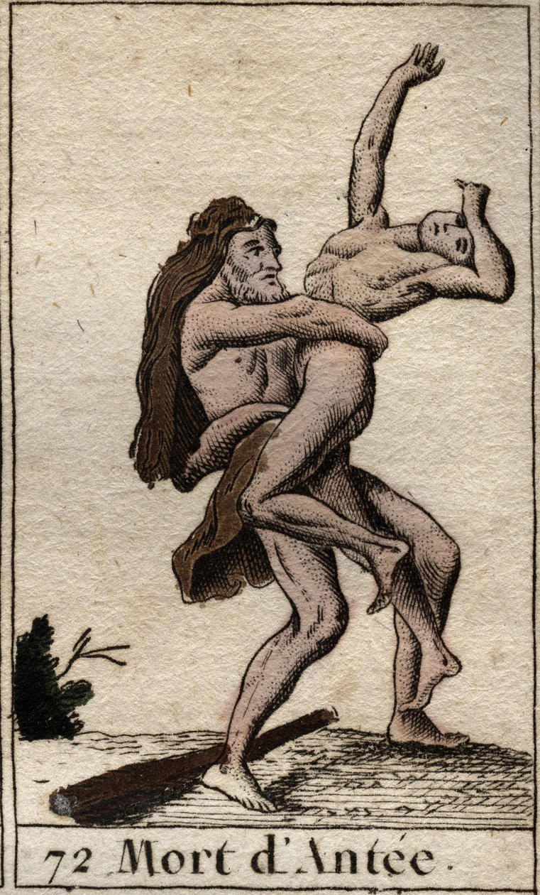Esitys Hercules Terrassant Antesta, Libyan kuninkaasta (Heracles (Hercules) tappoi Antaeuksen karhunhalauksella) Pierre Blanchardin "Nuoruuden mytologiasta" 1803. tekijältä French School