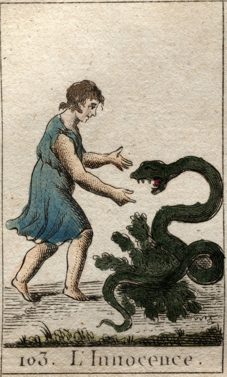 Viattomuuden esitys lapsena, joka ruokkii vaarallista käärmettä. Pierre Blanchardin "Nuoruuden mytologiasta" vuodelta 1803. tekijältä French School