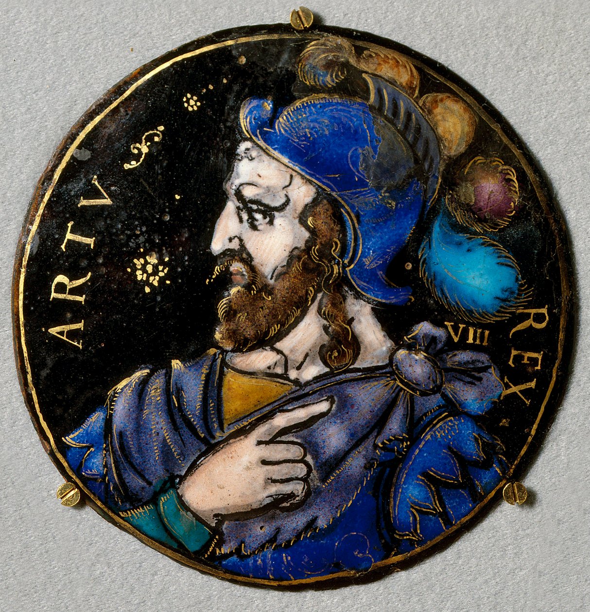 Edustus kuningas Arthurin, legendaarisen bretonien kuninkaan (6. vuosisadalla). Medaljonki sähköpostissa 1500-luvun Limogesista. Kuuntele, National Renaissance Museum tekijältä French School