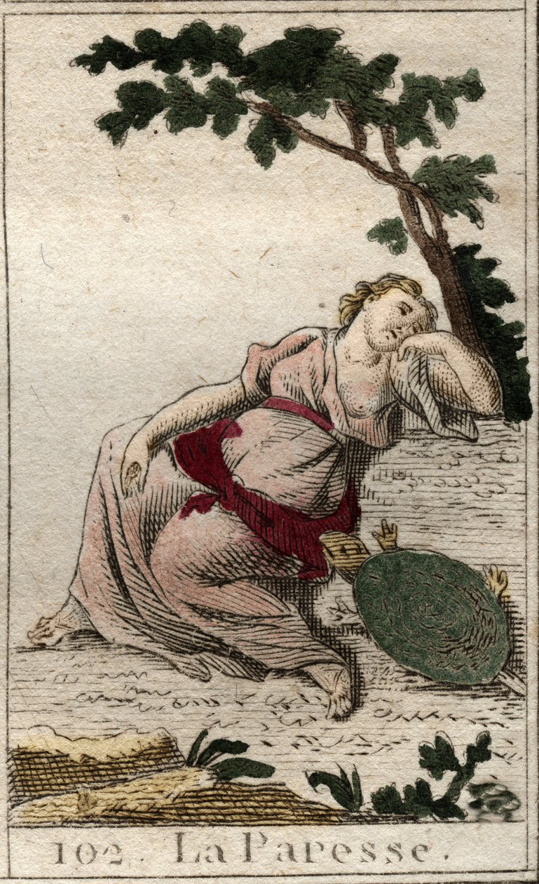 Edustus Lazinessista, yön ja unen tyttärestä nuorena miehenä kilpikonnan kanssa. Pierre Blanchardin "Nuoruuden mytologiasta" vuodelta 1803. tekijältä French School