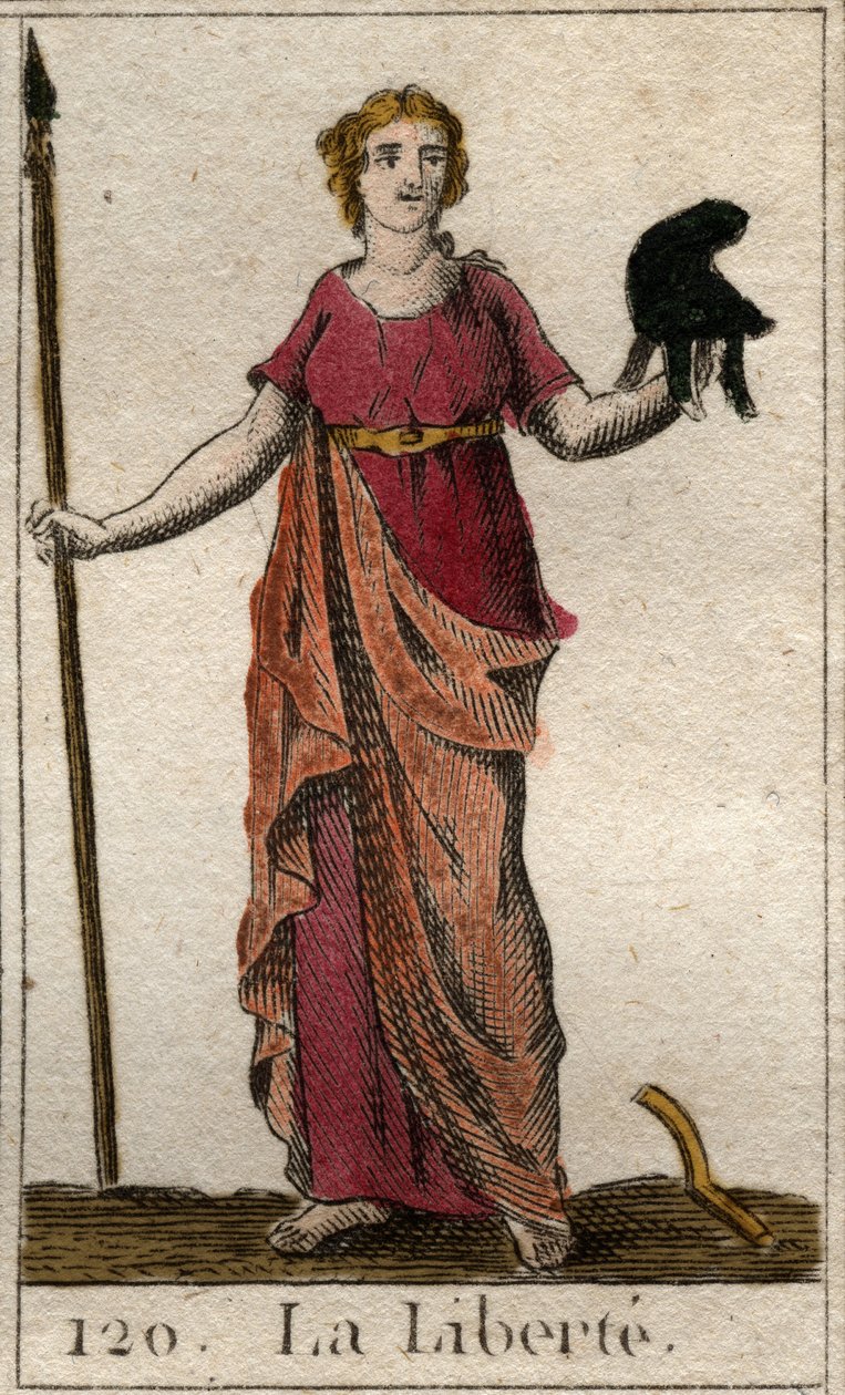 Liberten esitys naisena, jolla on frygialainen hattu ja lapio. (The Liberty nuorena naisena, kädessään fryygianhattu ja hauki). Pierre Blanchardin "Nuoruuden mytologiasta" vuodelta 1803. tekijältä French School