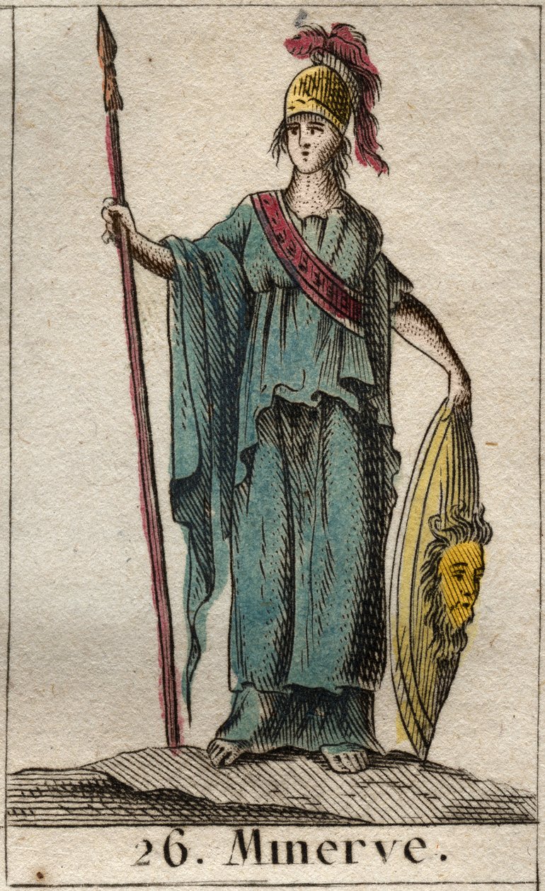 Taiteen, sodan ja tieteen jumalattaren Minerven esitys. Hänellä on haarniska. (Minerva, sodan, tieteiden ja taiteiden jumalatar, haarniskainen). Pierre Blanchardin "Nuoruuden mytologiasta" vuodelta 1803. tekijältä French School