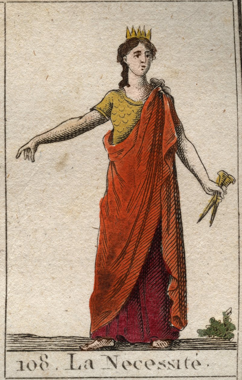 Välttämättömyyden esitys peräänantamattomana naisena, Fortunen tyttärenä, pronssisilla käsillä. Pierre Blanchardin "Nuoruuden mytologiasta" vuodelta 1803. tekijältä French School