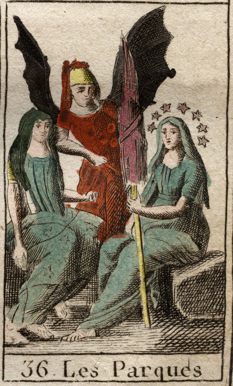 Parques (kabinetit), Clotho, Lachesis ja Atropos, ihmiskohtaloiden jumaluudet, syntymästä kuolemaan, hyvin vanhoina naisina, jotka pyörivät. (Parcae, Clotho, Lachesis ja Atropos, ihmisen kohtalon personifikaatio, esitetty vanhoina naisina, jotka pyörivät). tekijältä French School