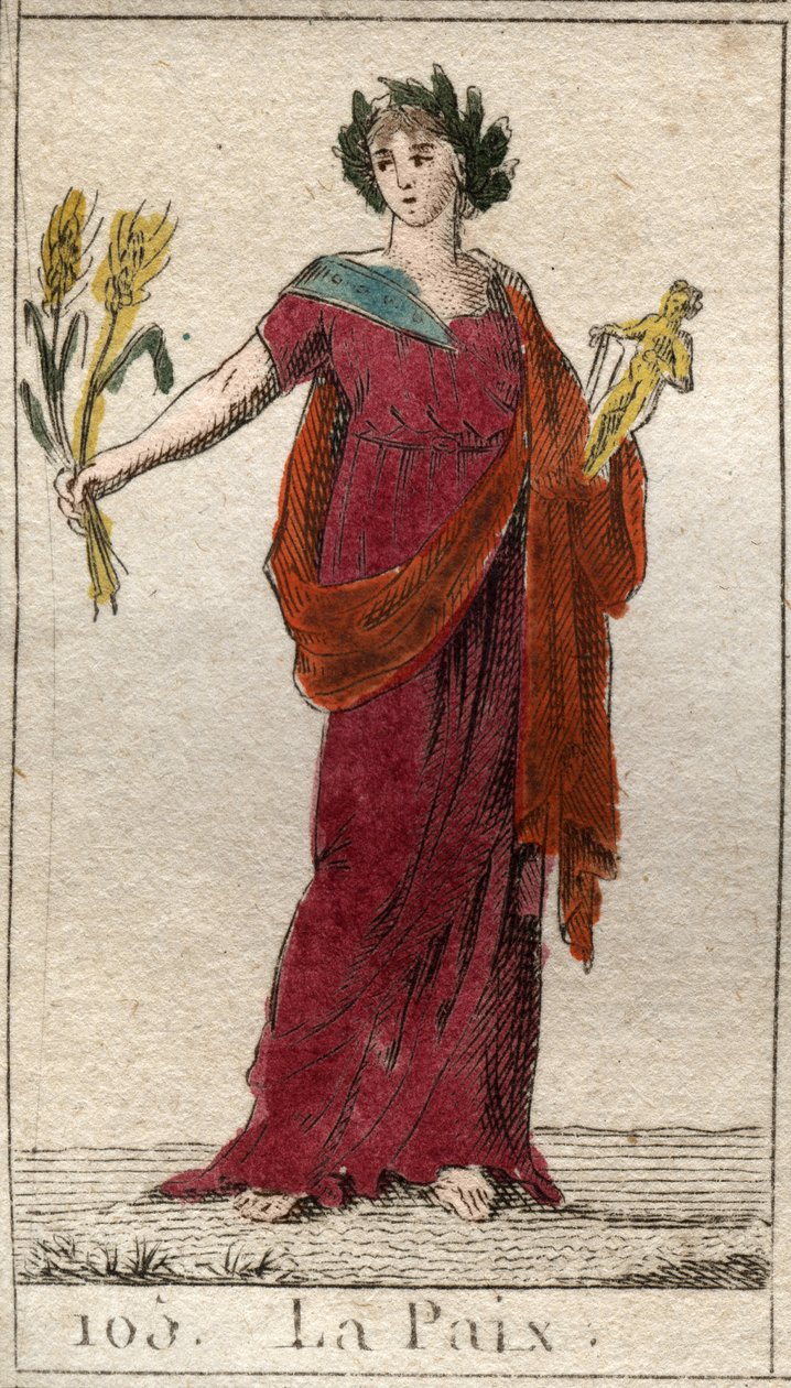 Rauhan esitys naisena, jolla on laakereiden kruunattu lyhde. Pierre Blanchardin "Nuoruuden mytologiasta" vuodelta 1803. tekijältä French School