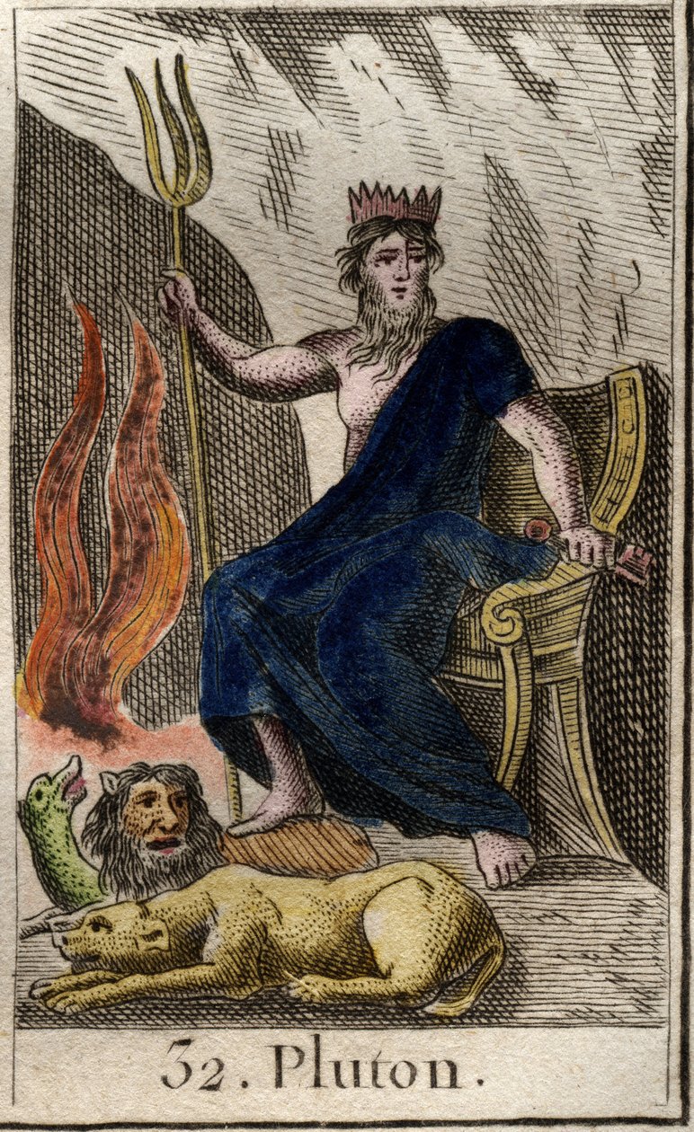 Pluton, alamaailman jumalan, esityksen jaloissa on Cerbere, kolmipäinen koira, alamaailman vartija. (Pluto, Helvetin jumala Cerberuksen kanssa, koira, jolla on kolme päätä). Pierre Blanchardin "Nuoruuden mytologiasta" vuodelta 1803. tekijältä French School