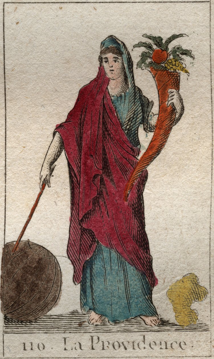 Providencen esitys vanhana naisena, jolla on runsaudensarvi, keppi ja maapallo. Pierre Blanchardin "Nuoruuden mytologiasta" vuodelta 1803. tekijältä French School