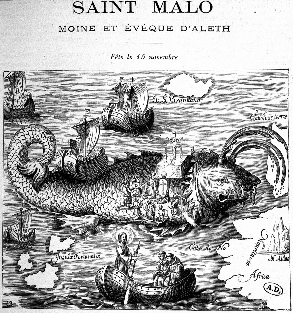 Saint Malon (Saint Macloun) esitys valaan selässä, jota Clonfert edustaa Saint Brendanin (Brandan) tai Clonfertin Breanainn (n. 484-577/578) tiellä - kaiverrus tekijältä French School