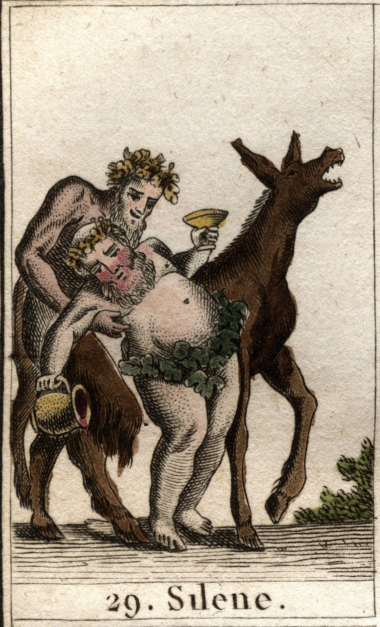 Silene, Bacchuksen seuralainen, humalassa, satyyrin tukemana. (Bacchus Silenuksen ystävä, humalassa, tukena nuori satyyri). Pierre Blanchardin "Nuoruuden mytologiasta" vuodelta 1803. tekijältä French School