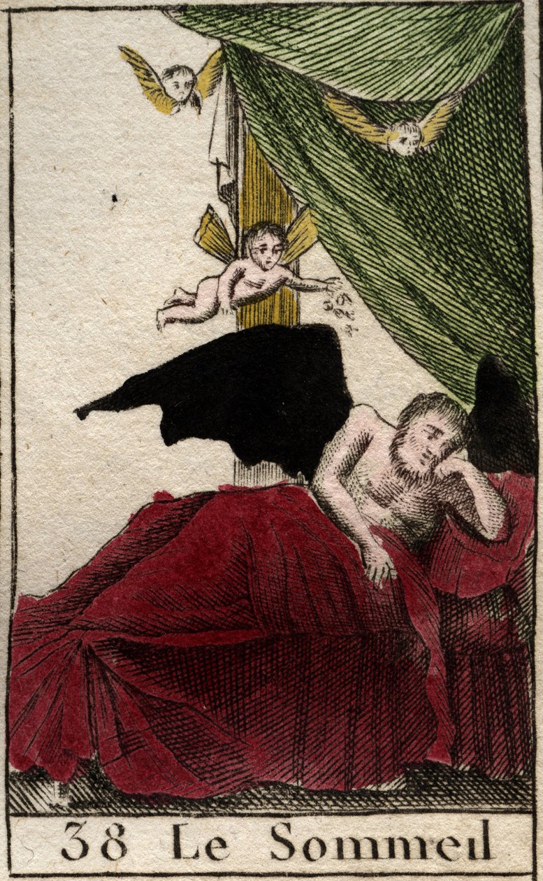 Unen esitys, lepää ikuisesti palatsissa, lähellä unelmien siipiä. (Somnus, unen jumala, hän nukkuu palatsissa siivekkäiden unien ympäröimänä) Pierre Blanchardin teoksesta "Mythologie de la jeunesse" 1803. tekijältä French School