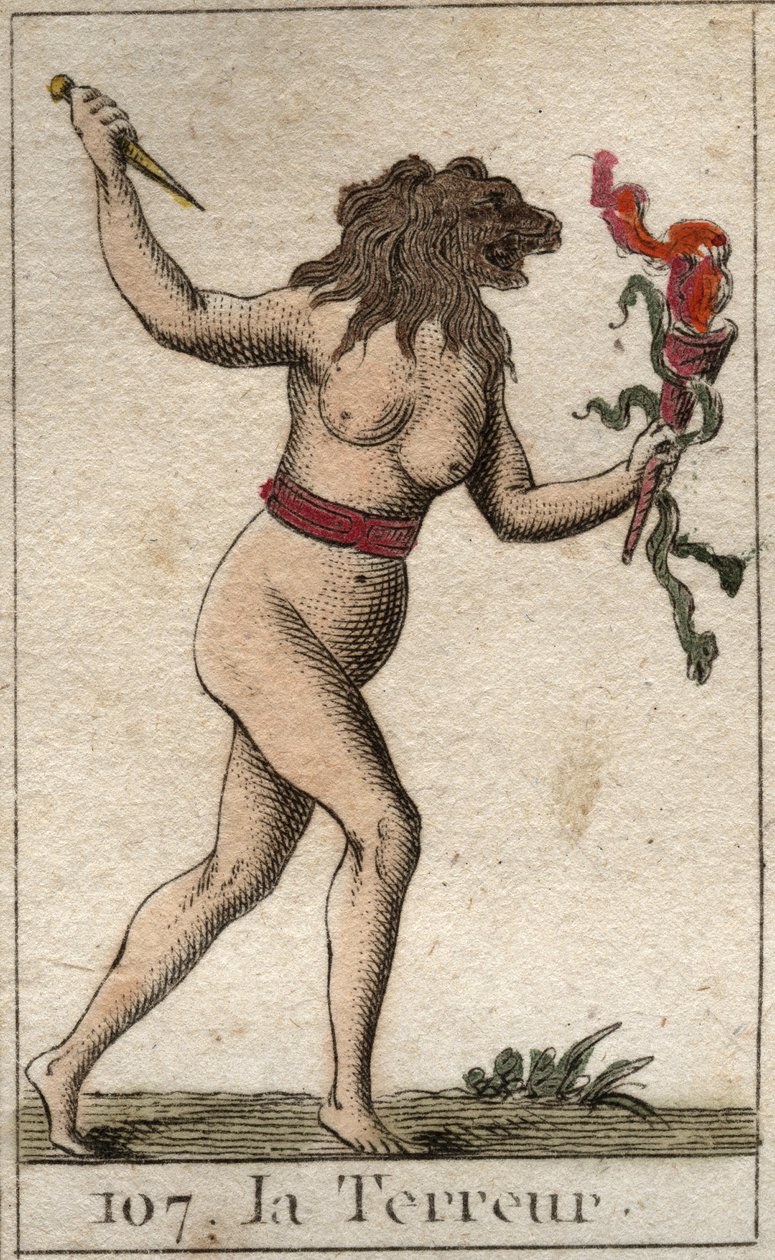 Terrorin esitys naisena, jolla on leijonan pää, jolla on veitsi ja käärmeitä. Pierre Blanchardin "Nuoruuden mytologiasta" vuodelta 1803. tekijältä French School