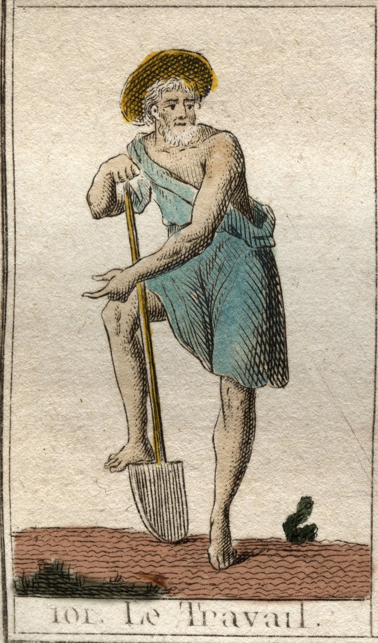 Työn edustus miehenä työkaluineen. Pierre Blanchardin "Nuoruuden mytologiasta" vuodelta 1803. tekijältä French School