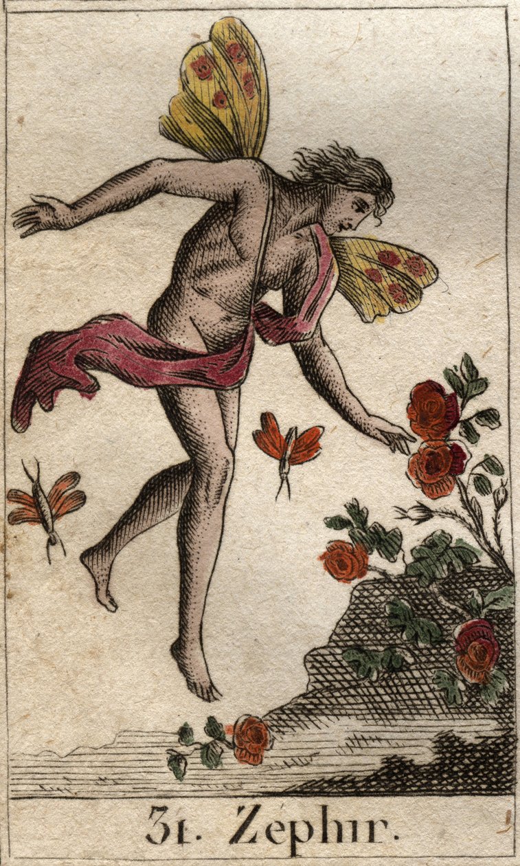 Edustus Zephyristä, länsituulen personifikaatiosta. (Zephyrus (tai Zephyr) länsituulen henkilöitymä). Pierre Blanchardin "Nuoruuden mytologiasta" vuodelta 1803. tekijältä French School