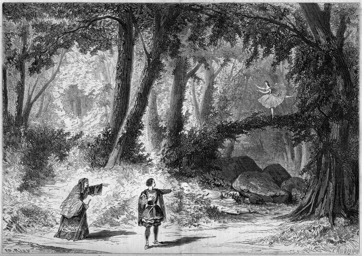 Baletin esitys: I näytöksen lavastus, Jacques Offenbachin (1819-1880) "Papillon" 2. kohtaus. Desplechinin sisustus. Pariisi, Theatre Imperial de l