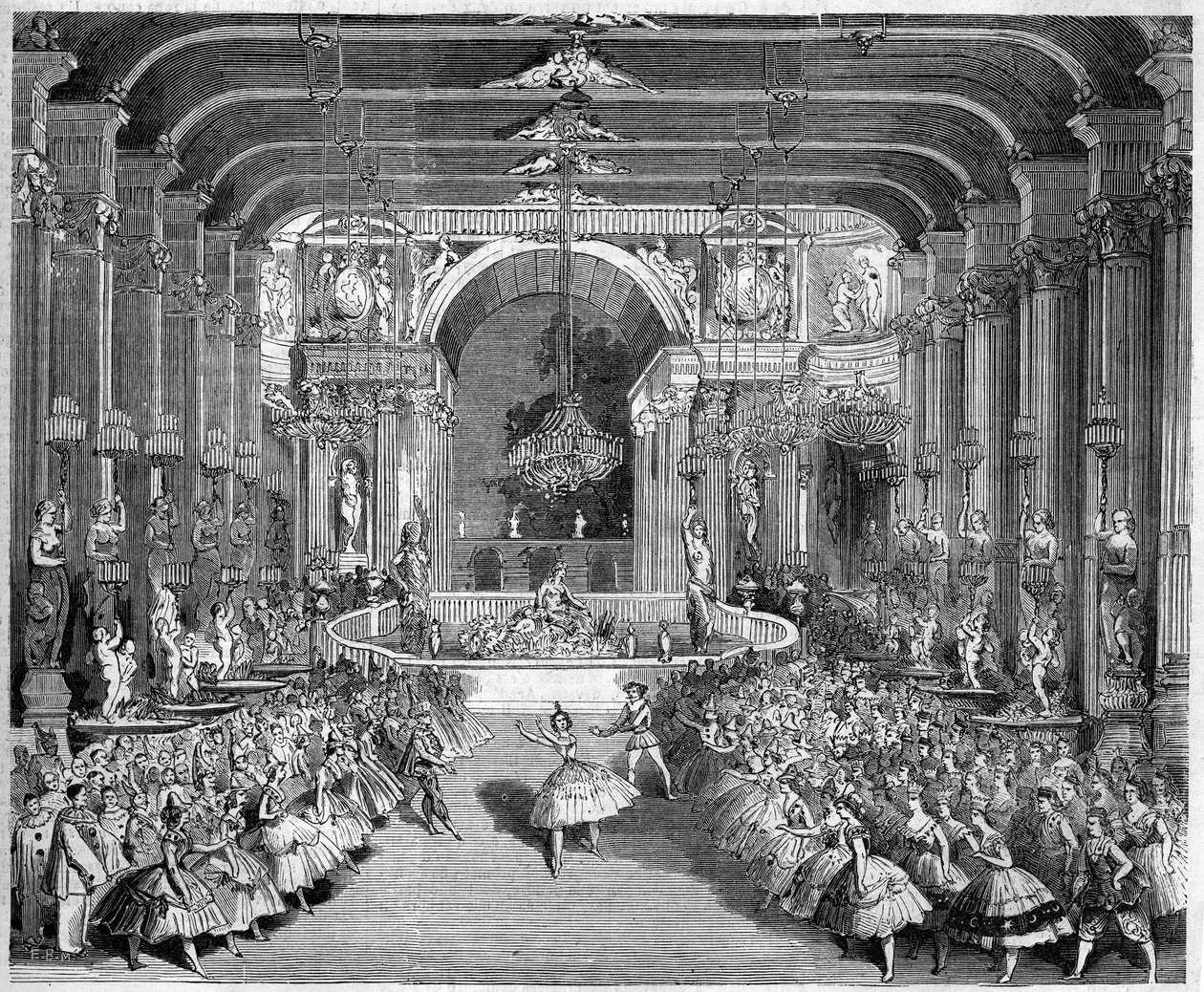 Baletin esitys: Messinan kasino, "Messinan tähden" ensimmäisen näytöksen skenografia Nicolo Gabriellin (1814-1891) musiikilla. Sisustuksen on toteuttanut Edouard Desplechin. Pariisi, Theatre de l