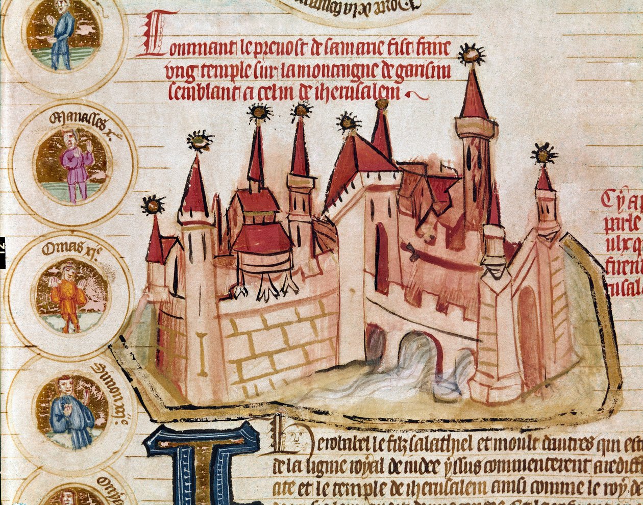 Jerusalemin kaltaisen linnoitetun kaupungin kuva Sivu on otettu ranskalaisen koulukunnan käsikirjoituksesta "Genealogie de la Bible". 1300-luku Cremone, biblioteca governativa. tekijältä French School