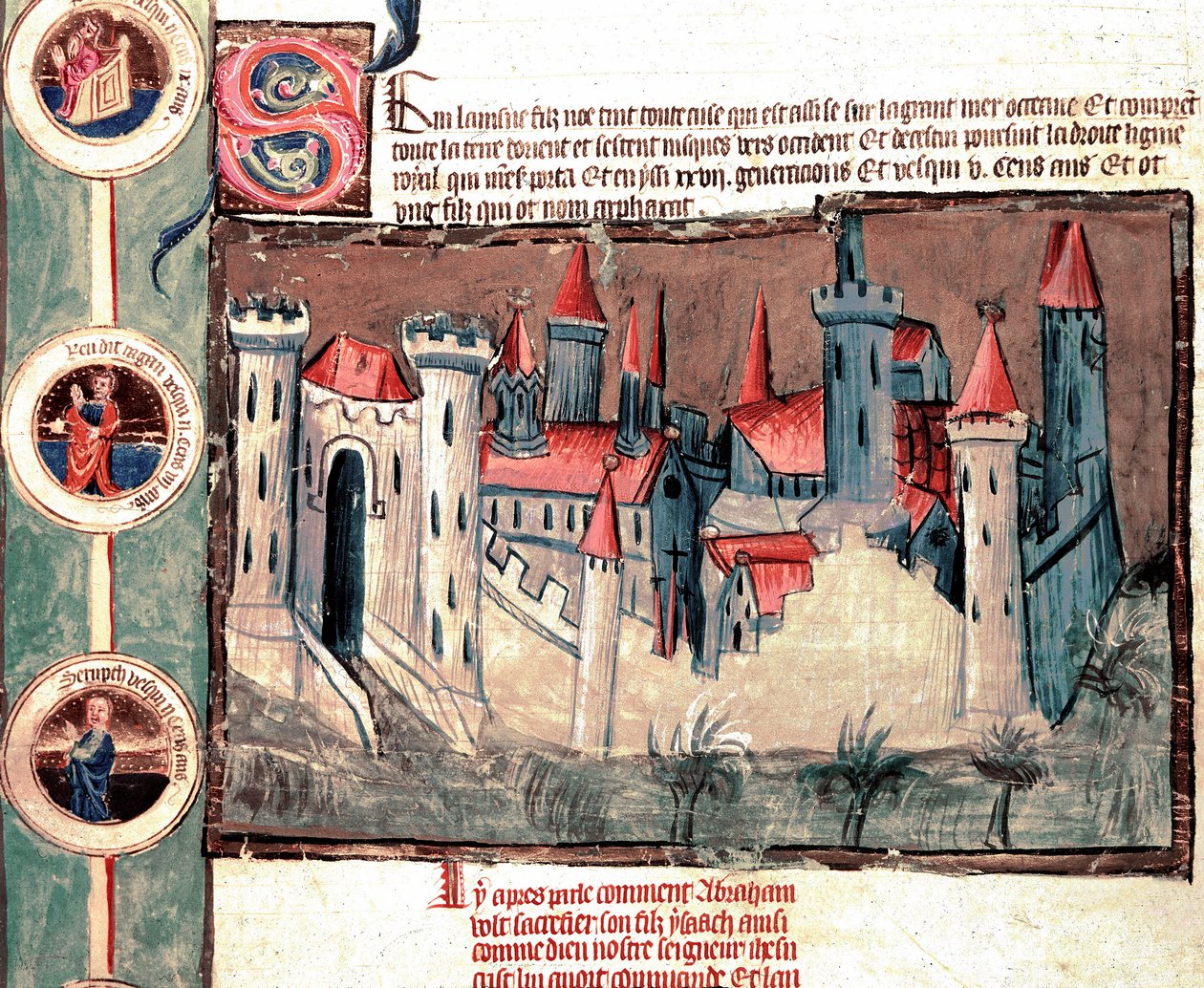 Linnoitetun kaupungin edustus Strasbourgin alueella. Miniatyyri pergamenttikääröllä "" Raamatun sukututkimus"" (ms.199) 1300-luku Cremone, Biblioteca Governativa tekijältä French School