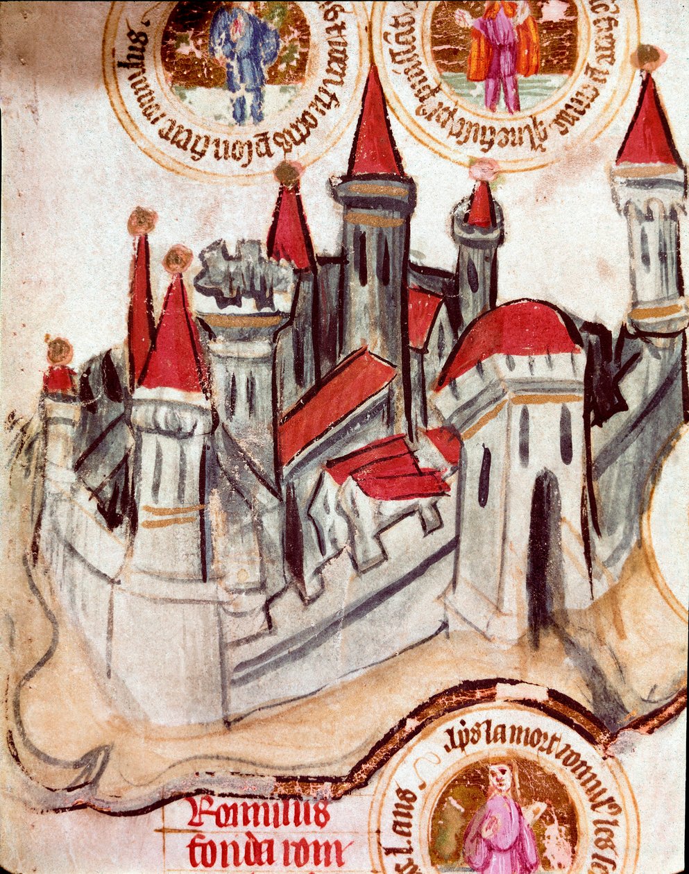 Strasbourgin alueella sijaitsevan linnoitetun kaupungin esitys. Pergamenttikäärön miniatyyri "Raamatun sukututkimus" (ms.199) 1300-luvulla Cremone, Biblioteca Governativa. tekijältä French School