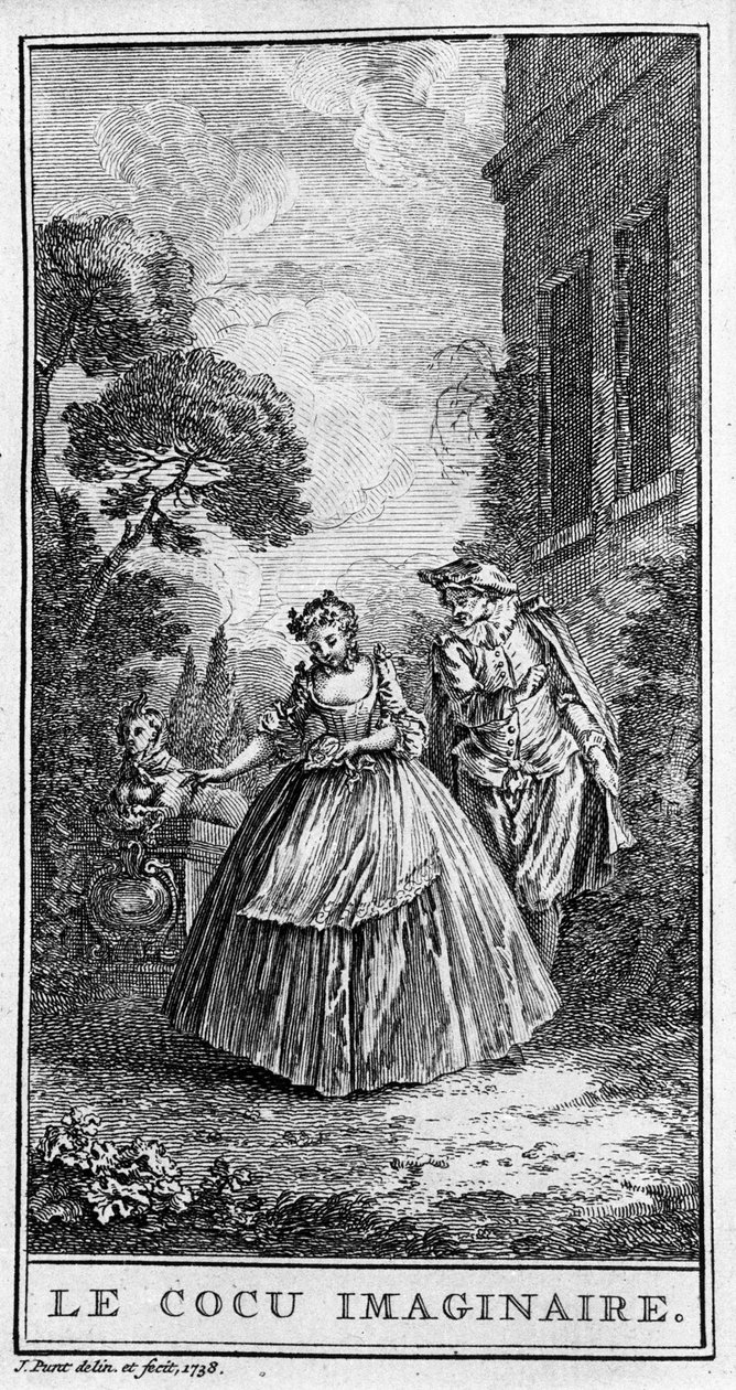 Esitys kohtauksesta teoksesta "" Sganarelle ou le cuckold imaginaire"" (1660), kirjoittanut Jean Baptiste Poquelin dit Moliere (1622-1673). Kaiverrus vuodelta 1738. tekijältä French School