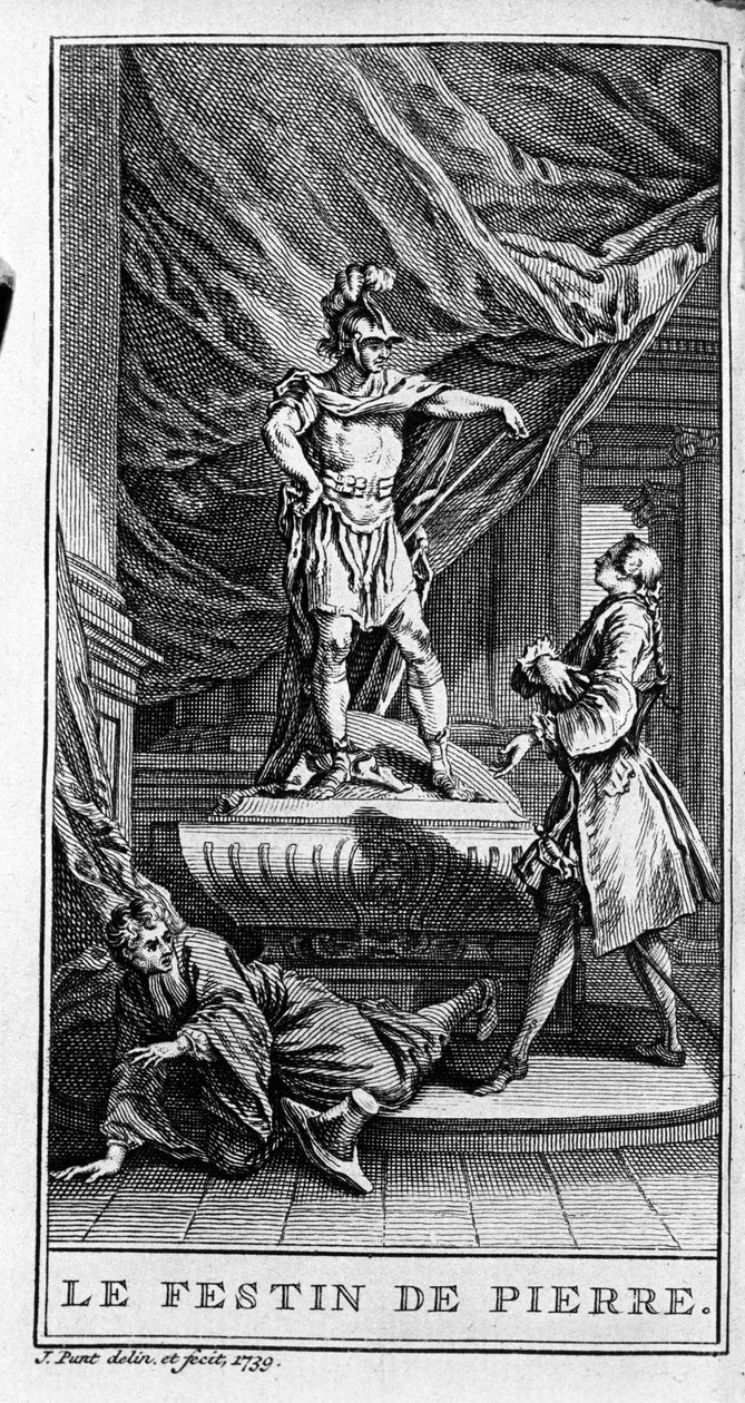 Esitys kohtauksesta Jean Baptiste Poquelin dit Molieren (1622-1673) kappaleesta "Dom juan ou le fen de Pierre" (1665). Kaiverrus vuodelta 1739. tekijältä French School