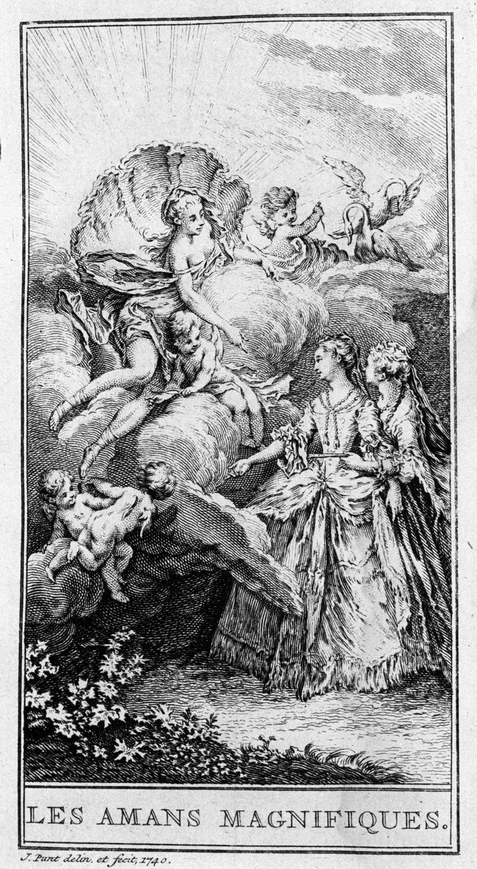 Esitys kohtauksesta Jean Baptiste Poquelin dit Molieren (1622-1673) kappaleesta "Les lovers magnificients" (1670). Kaiverrus vuodelta 1740. tekijältä French School