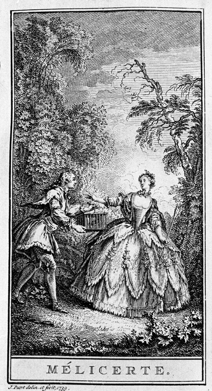 Esitys kohtauksesta Jean Baptiste Poquelin dit Molieren (1622-1673) kappaleesta "Melicerte" (1666). Kaiverrus vuodelta 1739. tekijältä French School