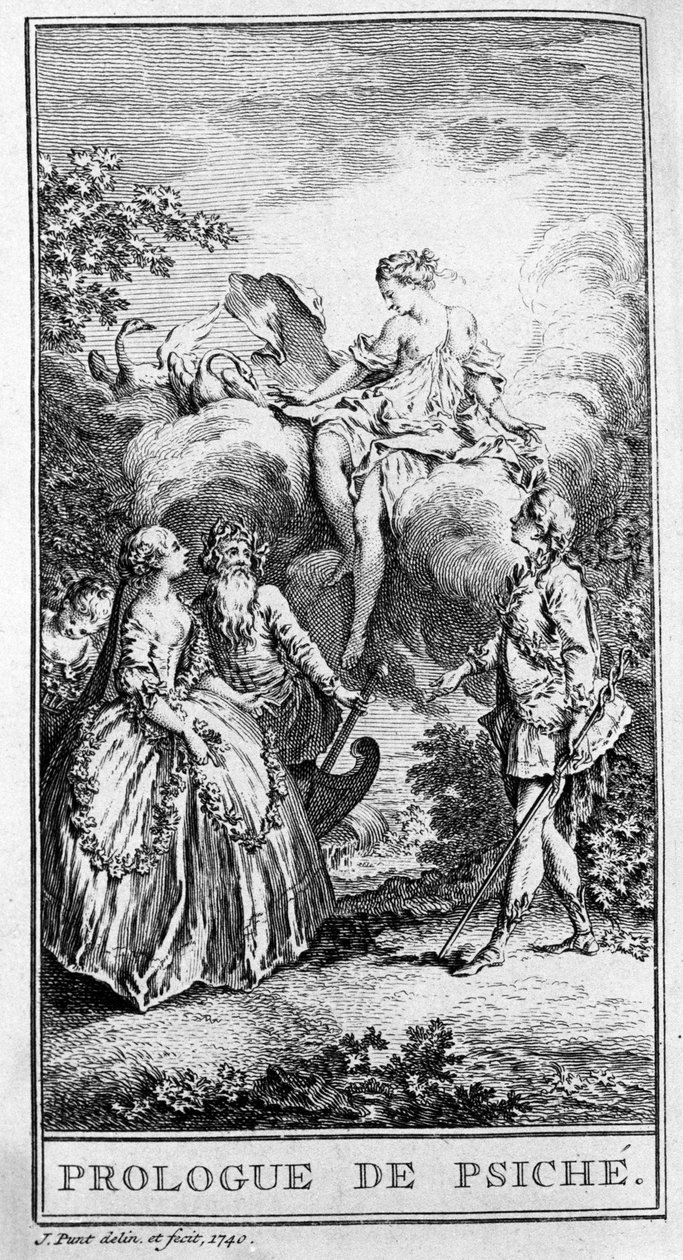 Esitys kohtauksesta Jean Baptiste Poquelin dit Molieren (1622-1673) kappaleesta "" Prologue de Psyche"". Kaiverrus vuodelta 1740. tekijältä French School