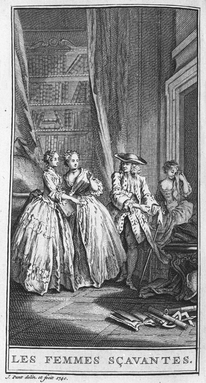 Esitys kohtauksesta Jean Baptiste Poquelin dit Molieren (1622-1673) näytelmästä "Les femmes savantes" (1672). Kaiverrus vuodelta 1740. tekijältä French School