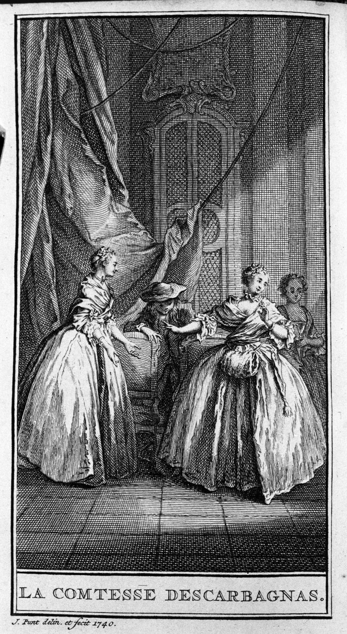 Esitys kohtauksesta Jean Baptiste Poquelin dit Molieren (1622-1673) näytelmästä "Escarbagnasin kreivitär" (1671). Kaiverrus vuodelta 1740. tekijältä French School