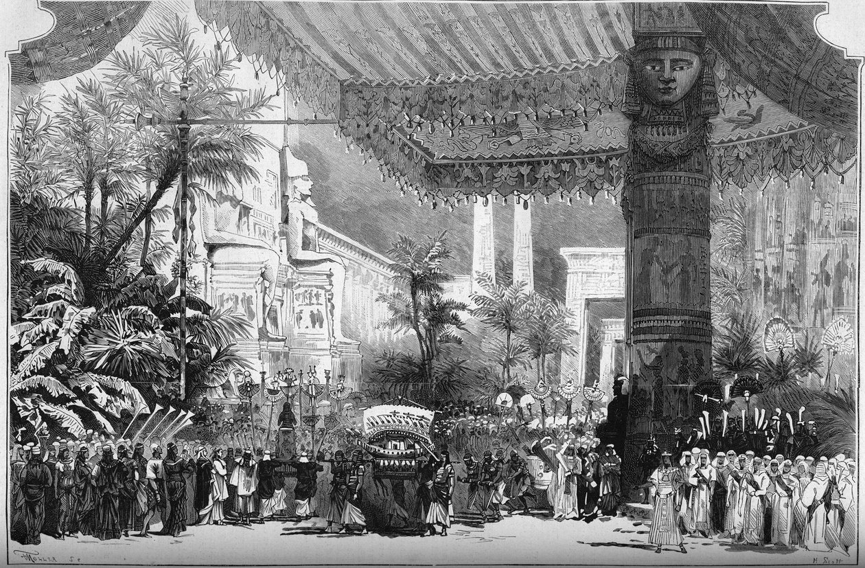 Oopperan esitys: Giuseppe Verdi (1813-1901) "" Aida". Avenue of the Sfinksi Theban porteilla (2. maalaus, 2. näytös). Lavaster Youngin sisustus (John Baptist Lavaster tekijältä French School