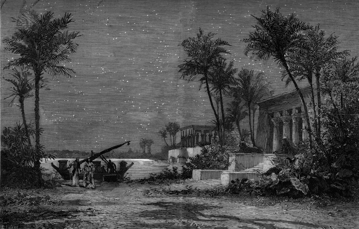 Oopperan esitys: Giuseppe Verdi (1813-1901) "" Aida". Niilin rannat (3. säädös). Sisustus Jean Louis Cheret (1820-1882). Kaiverrus Scottin "" Le Monde Illustré" -julkaisussa nro 1201 3. huhtikuuta tekijältä French School