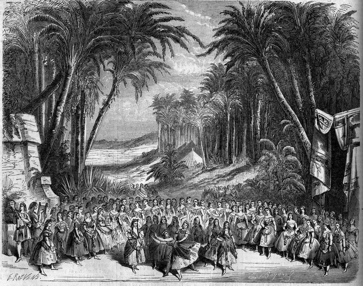Oopperan esitys: "The Queen of Saban" II näytöksen lavastus Michel Carren (1819-1872) ja Jules Barbierin (1822-1901) libretolla ja Charles Gounodin (1818-1893) musiikilla. Pariisi, Theatre de l