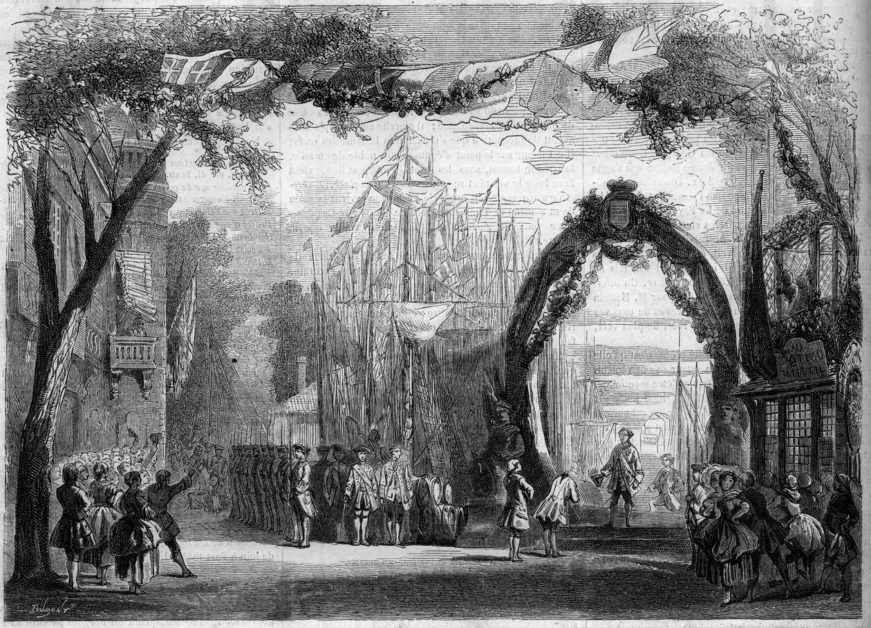 Oopperan esitys: "Le Chateau Trompette" -elokuvan 1. näytöksen lavastus, joka perustuu Eugene Cormonin (1811-1903) ja Michel Carren (1822-1872) libretoon sekä Francois Auguste Gevaertin (1828-1908) musiikkiin ). Pariisi, Opera Comique tekijältä French School