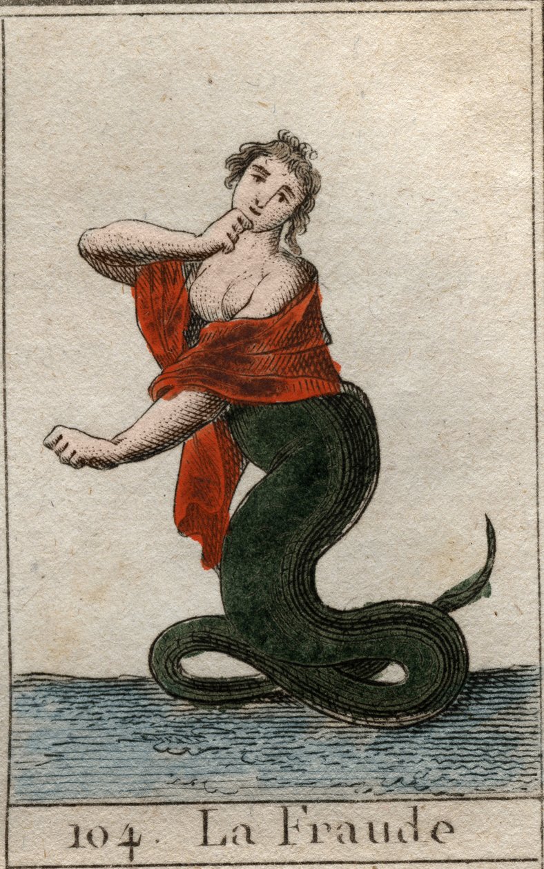 Pettäminen (epärehellisyys) vaarallisena käärmeenä, jolla on hymyilevä naisen pää). Pierre Blanchardin "Nuoruuden mytologiasta" vuodelta 1803. tekijältä French School