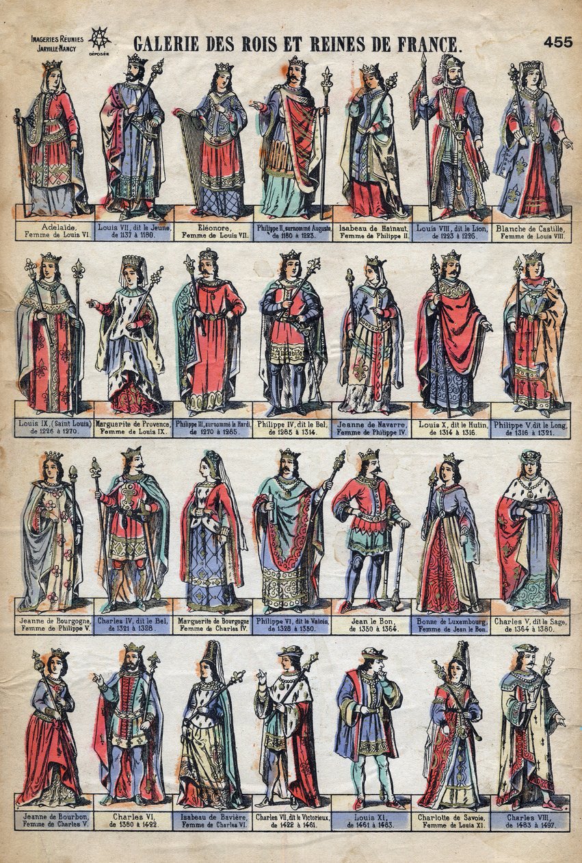 Edustus Ranskan kuninkaat ja kuningattaret Kapetian dynastiasta (Ludd VII:sta Kaarle VIII:aan). Kuvitus 1800-luvun lopulla. tekijältä French School