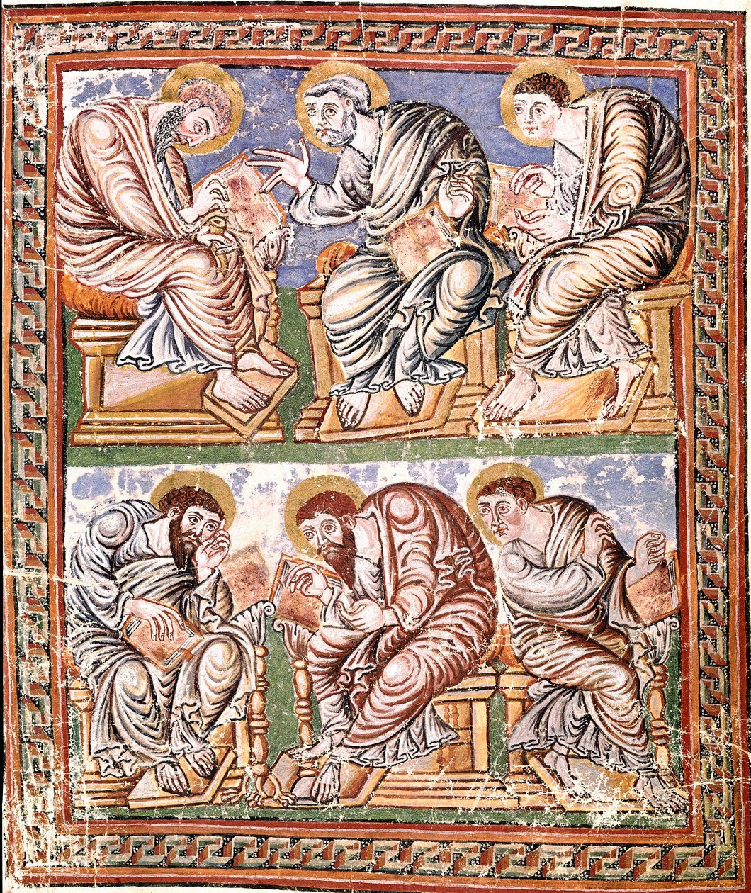 Reimsin koulun kuuden apotrin karolingialaisen miniatyyrin esitys, joka on peräisin teoksesta "Collectio Canon Hadriana" (Ms A-5 f. 14 v) (todennäköisesti Incmar de Reimsin uudelleen laatima decretales-kokoelma) 9. vuosisadan loppupuoli Biblioteca Vallicel tekijältä French School
