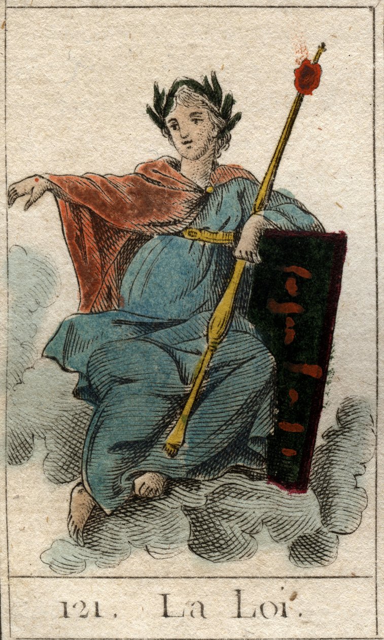 Lain esitys naisena, jolla on valtika. (Laki nuorena naisena, valtikka kädessään). Pierre Blanchardin "Nuoruuden mytologiasta" vuodelta 1803. tekijältä French School