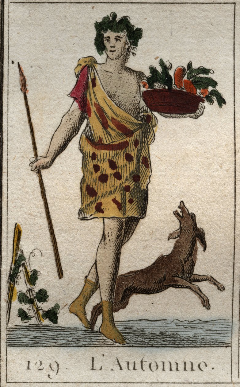 Syksyn esitys Vertumnena pitelemässä hedelmäkoria koiran kanssa. (Kesä edusti Vertumnusta, jolla oli hedelmäkori koiran kanssa). Pierre Blanchardin "Nuoruuden mytologiasta" vuodelta 1803. tekijältä French School