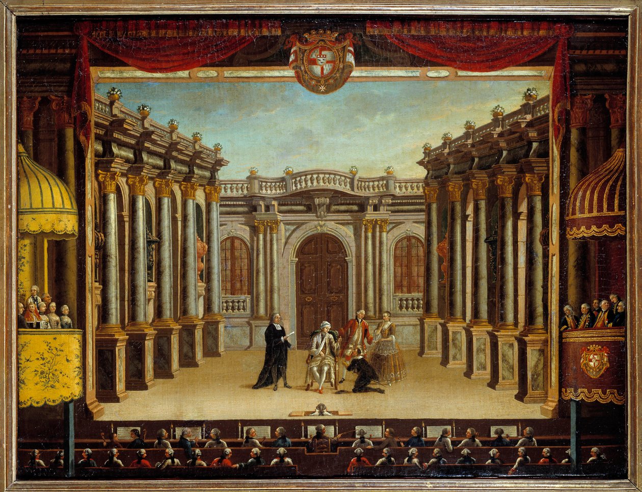 Jean Baptiste Poquelin dit Molieren (1622-1673) esitys "Imaginary Maladista" Minorca-teatterissa, Espanjassa; näkymä kohtauksesta. Anonyymi maalaus tekijältä French School