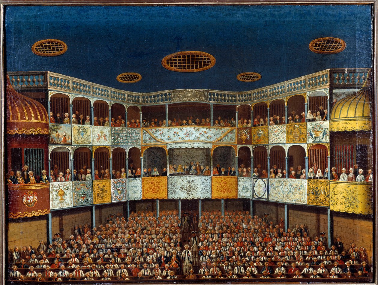 Jean Baptiste Poquelin dit Molieren (1622-1673) esitys "Imaginary Maladista" Minorca-teatterissa Espanjassa; näkymä saliin ja yleisöön. 1700-luvun maalaus. Pariisi, koristetaide tekijältä French School
