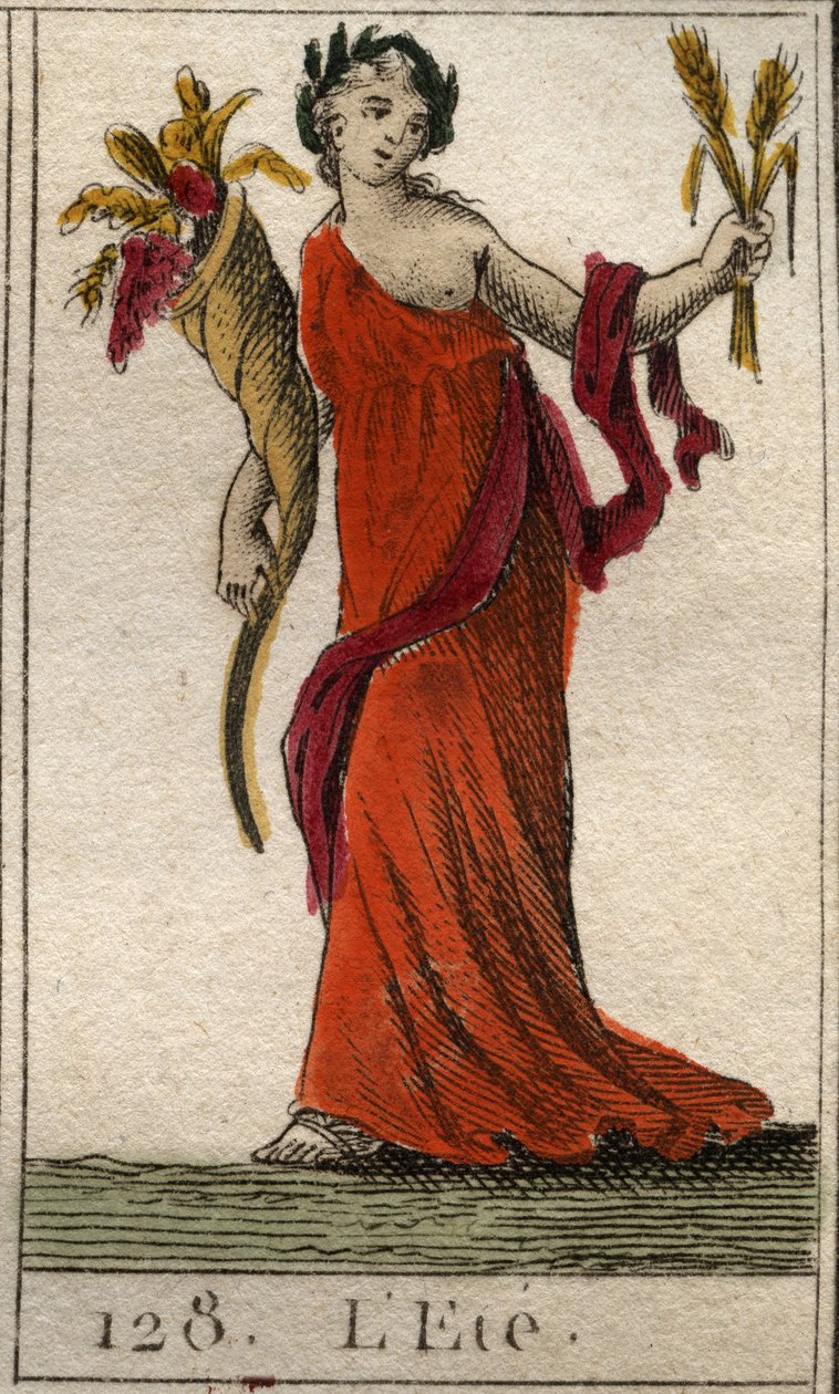 Kesäkauden esitys Ceresinä pitelemässä vehnäseppelettä ja runsauden sarvea. (Kesä edusti Ceres, jossa oli lehti ja runsaudensarvi). Pierre Blanchardin "Nuoruuden mytologiasta" vuodelta 1803. tekijältä French School
