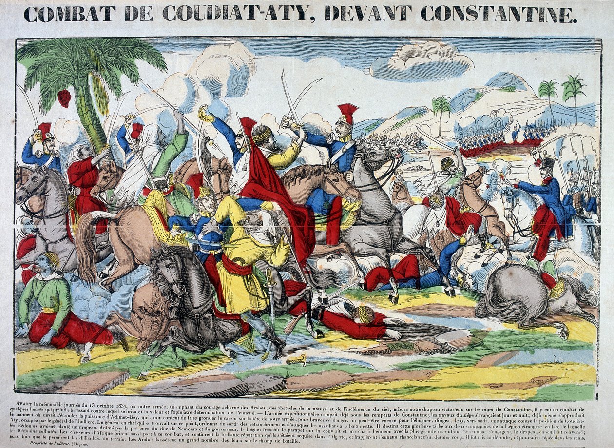 Kuvaus Coudiat Atyn taistelusta ennen Constantinea, joka johti Konstantinuksen vangitsemiseen 13. lokakuuta 1837. Kuva Epinalista tekijältä French School