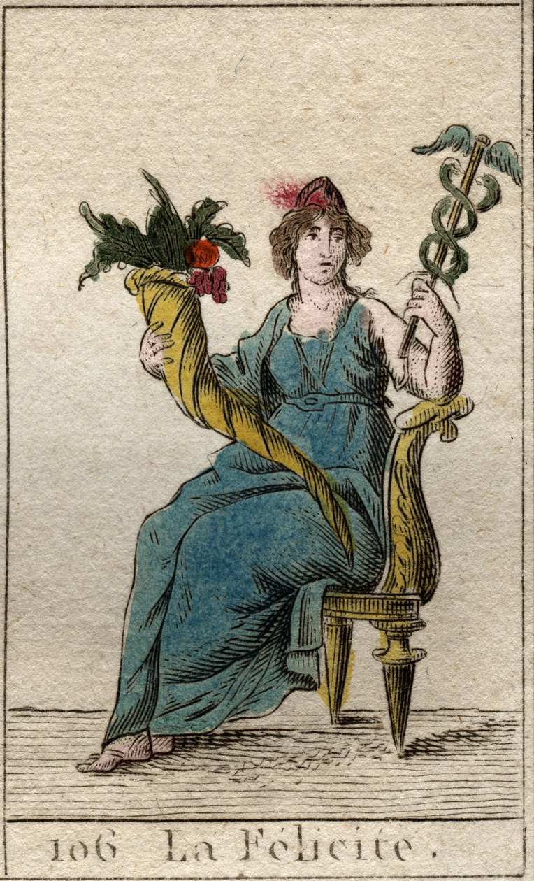 Esitys Felicityn (tai Eudemonian) jumaluudesta, joka pitää toisella kädellä lehtipuuta ja toisella yltäkylläisyyden sarvea (Representation of Happiness (felicity), naisena, jolla on caduceas ja runsaudensarvi). Pierre Blanchan "Nuoruuden mytologiasta". tekijältä French School